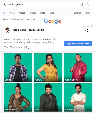 Procedure to vote for BIG BOSS Telugu contestants through Google search online